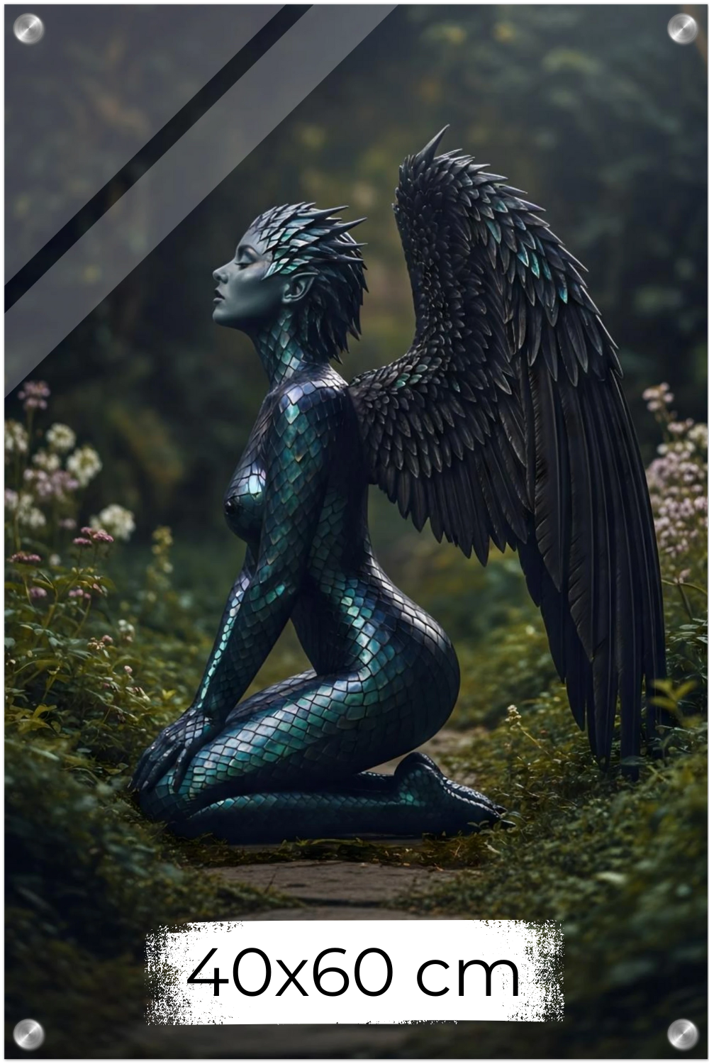 Detailreiches Porträt einer Frau, deren Haut an Wangen und Hals in grüne und goldene Drachenschuppen übergeht. Acryl 40x60 cm