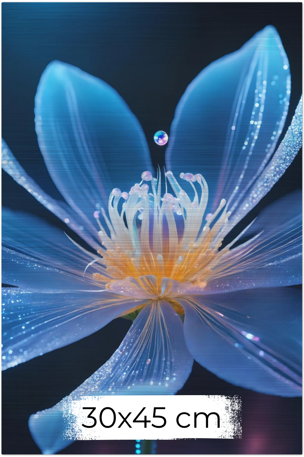 Digitales Wandbild einer blau leuchtenden Blüte mit goldenem Kern und schimmernden Lichtpartikeln auf dunklem Grund. Brushed 30x45 cm