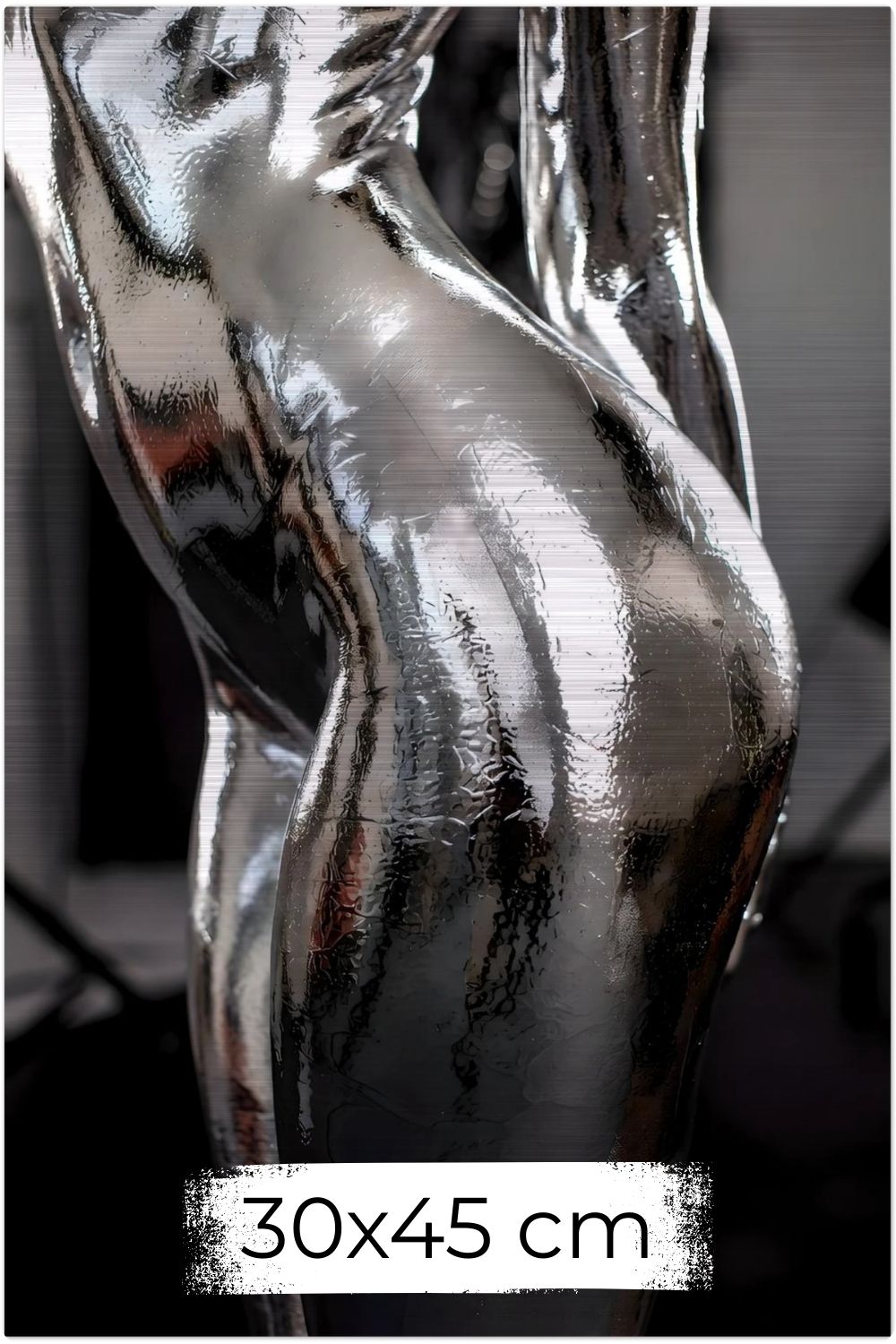 Abstraktes Wandbild einer weiblichen Silhouette in glänzender, flüssiger Chrom-Optik mit detaillierten Silber-Reflexionen. Brushed 30x45 cm