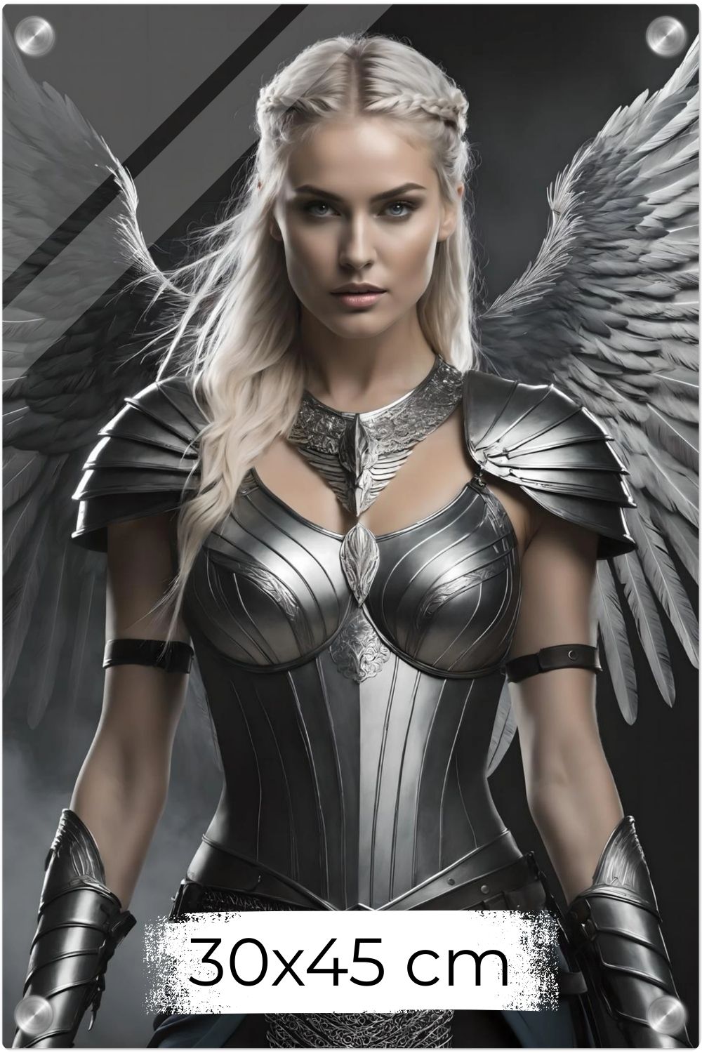 Cineastisches Fantasy-Wandbild einer majestätischen Walküre in glänzender Silberrüstung mit großen, detaillierten Metallflügeln vor dunklem Hintergrund. Acryl 30x45 cm