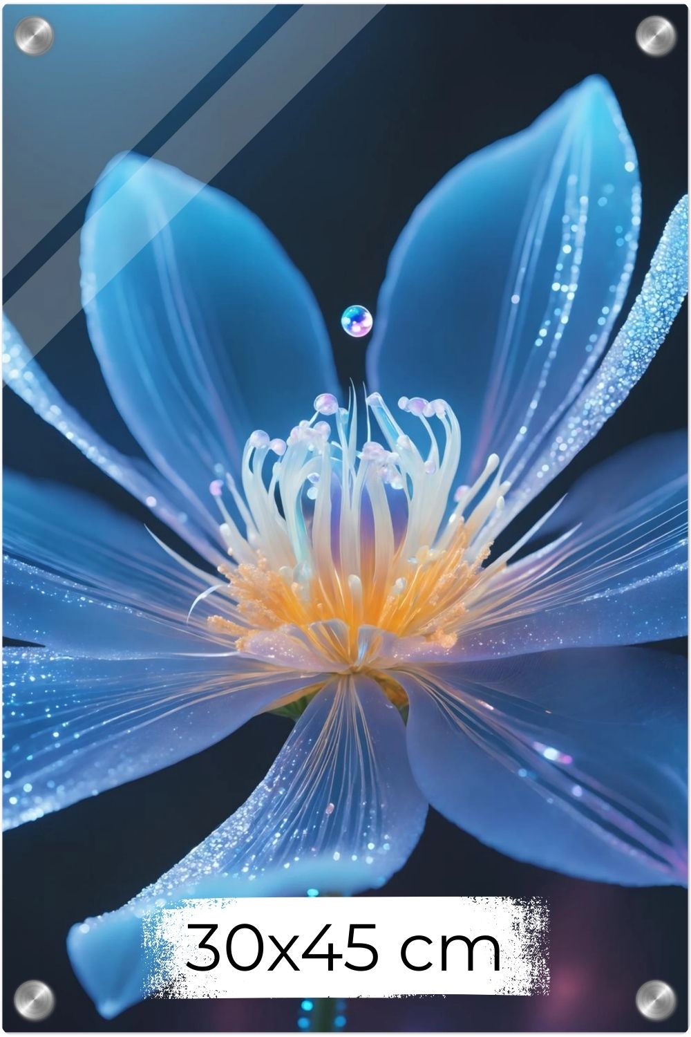 Digitales Wandbild einer blau leuchtenden Blüte mit goldenem Kern und schimmernden Lichtpartikeln auf dunklem Grund. Acryl 30x45 cm