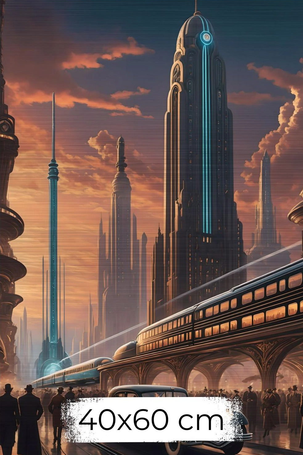 Cineastische Szene einer futuristischen Stadt im Art-Déco-Stil mit einem schwarzen Oldtimer, einem modernen Schnellzug und einer Skyline im goldenen Sonnenuntergang Brushed 40x60 cm