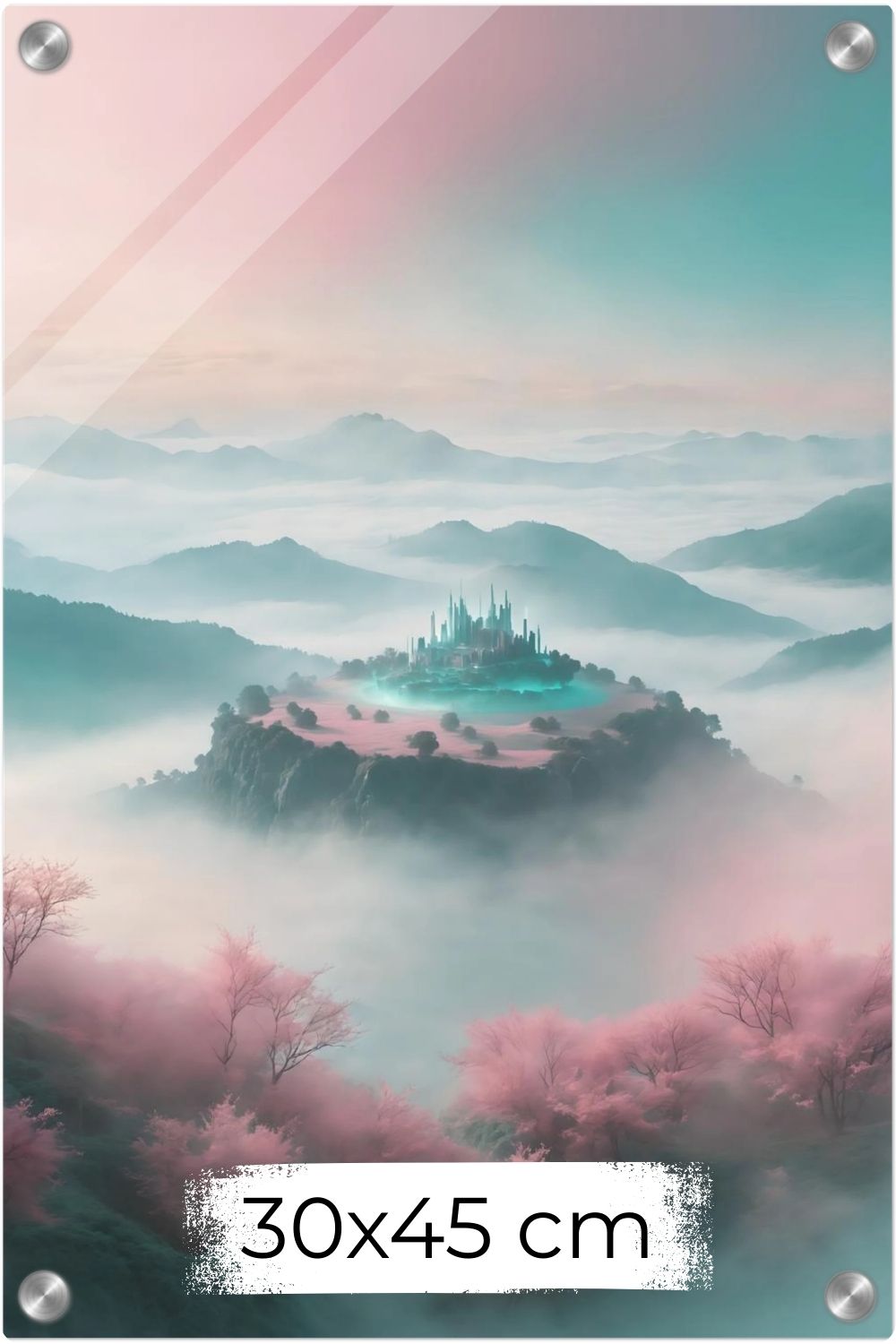 Ein Ort der Ruhe: „Celestial Sanctuary“ zeigt ein magisches Schloss über den Wolken in Rosé & Türkis. Exklusive Fantasy-Kunst für Ihr Zuhause bei Gudekind. Acryl 30x45 cm