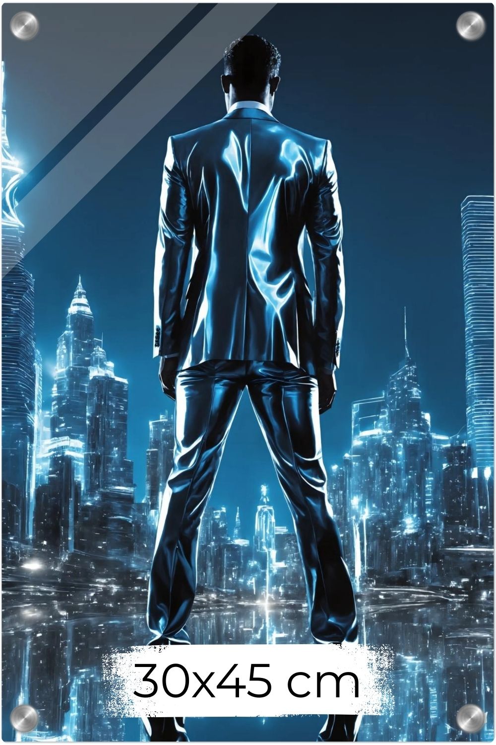 Erfolg visualisiert: „Liquid Ambition“ zeigt einen Mann in Metall-Optik vor einer strahlenden Skyline. Kraftvolle Kunst für Ihr Büro bei Gudekind. Acryl 30x45 cm