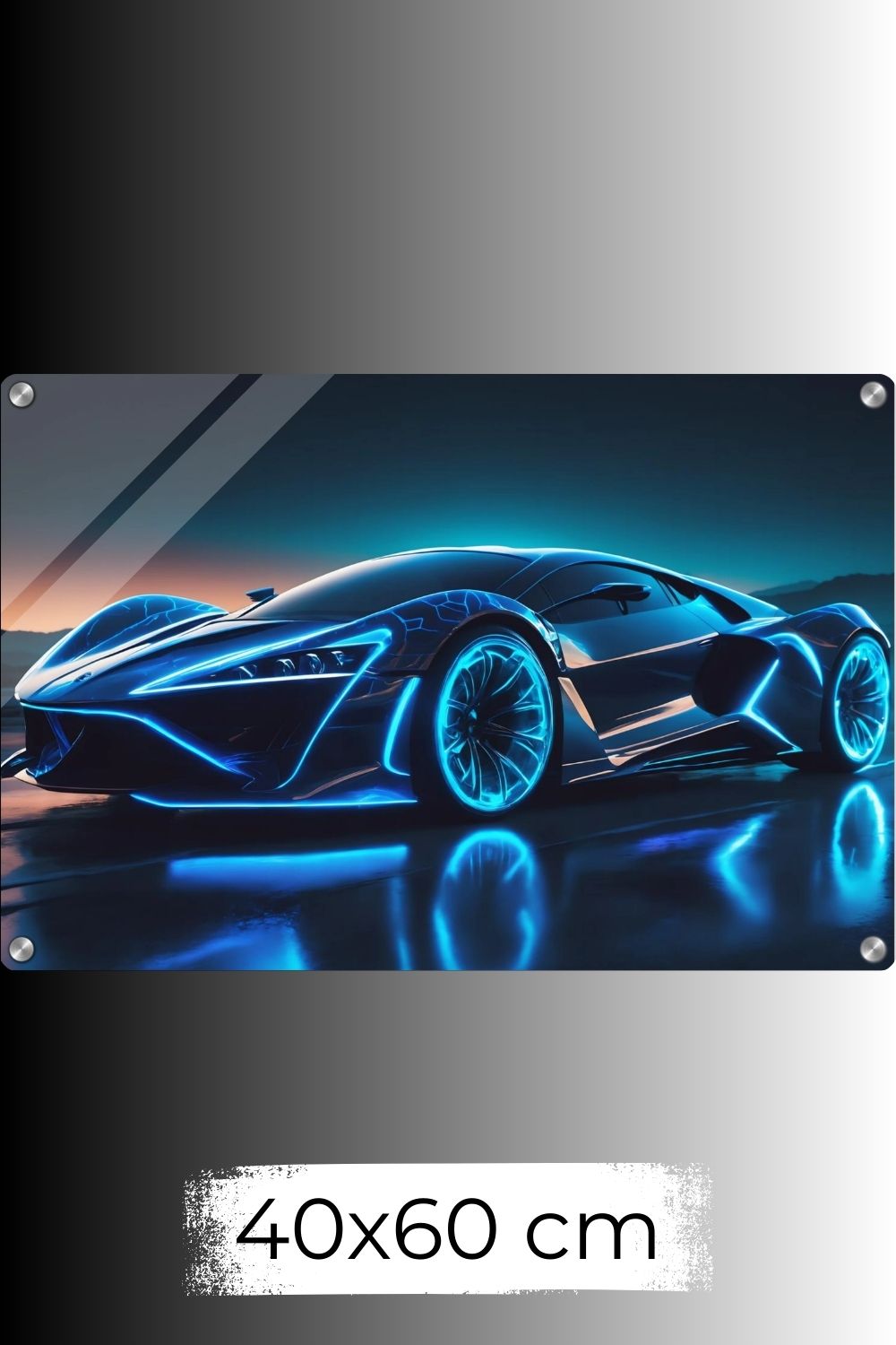 Futuristisches Hypercar-Wandbild in Schwarz mit leuchtend blauen Neon-Konturen und glühenden Felgen auf nasser Fahrbahn bei Nacht. 60x90 cm. Acryl 40x60 cm
