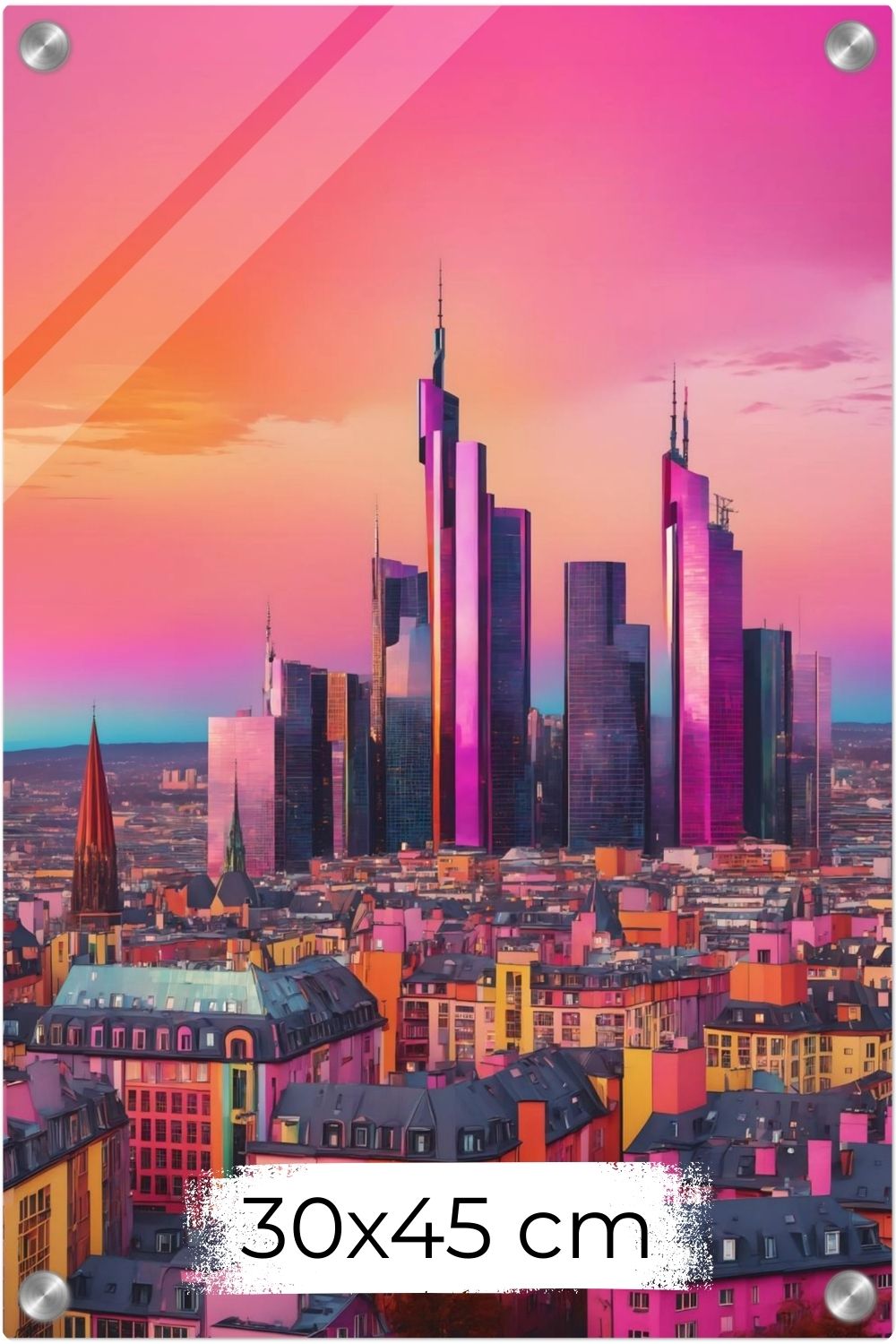 Buntes Wandbild der Frankfurter Skyline in intensiven Pink- und Violetttönen im modernen Pop-Art-Illustrationsstil. Acryl 30x45 cm