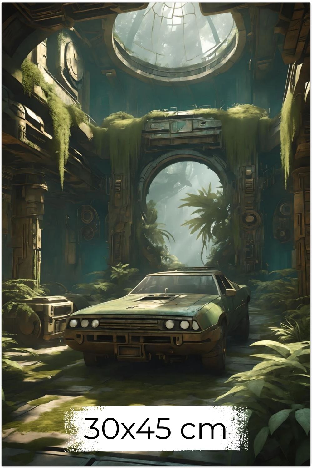 Vergangener Glanz trifft Natur: „Ancient Drive“ zeigt ein verlassenes Auto in einer überwucherten Ruine. Jetzt als hochwertiges Wandbild bei Gudekind kaufen. Dibond 30x45 cm