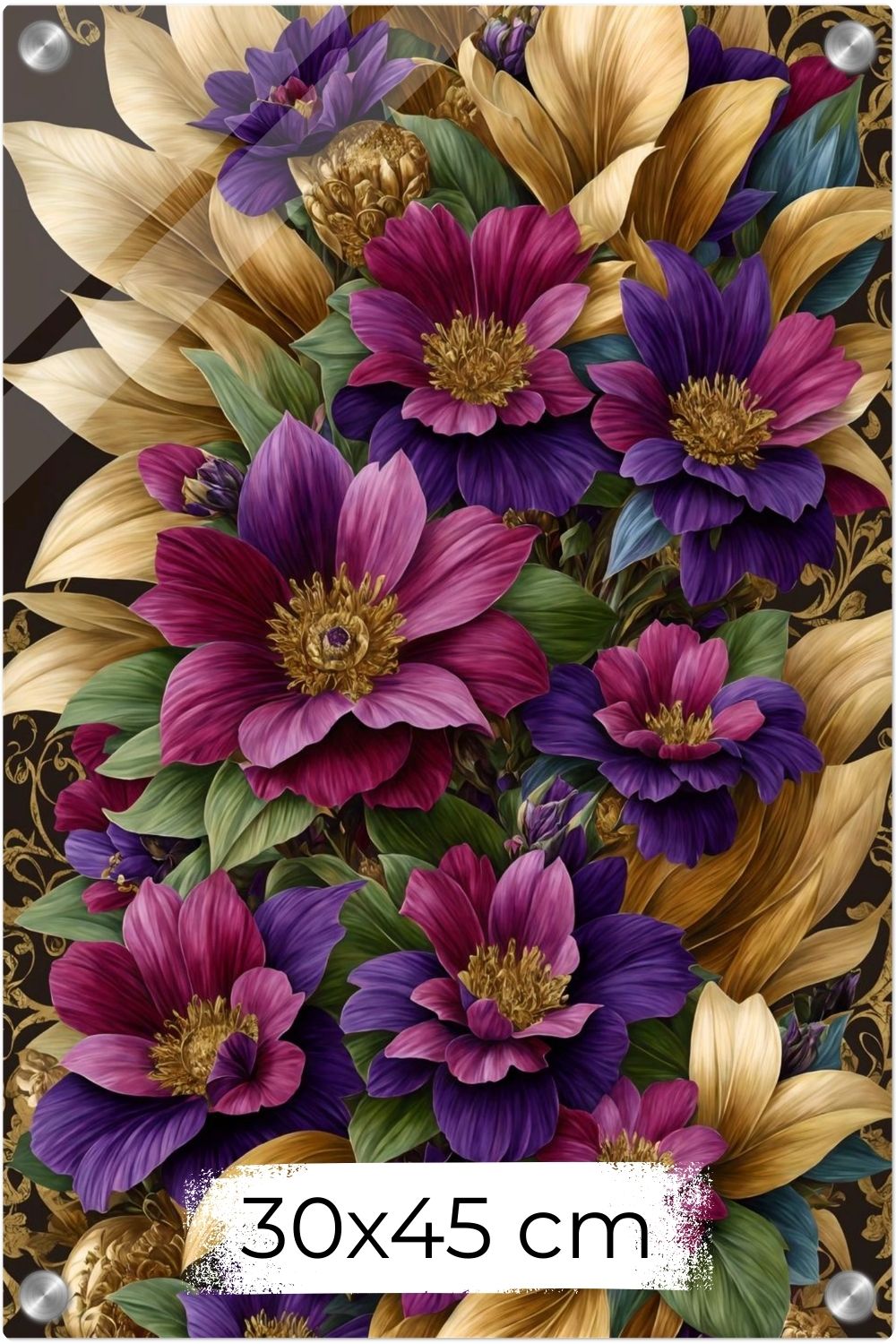 Florale Pracht trifft auf Luxus: „Imperial Blossom“ fasziniert durch goldene Blätter & violette Blüten. Jetzt als exklusives Wandbild bei Gudekind entdecken. Acryl 30x45 cm