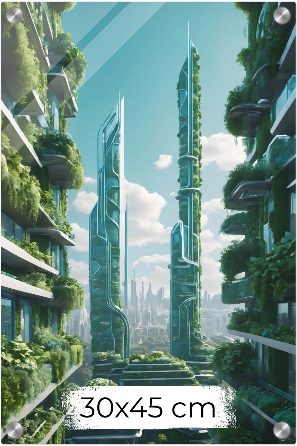 Die Stadt der Zukunft: „Urban Utopia“ vereint moderne Architektur mit üppiger Natur. Ein visionäres Wandbild für Ihr Zuhause. Jetzt bei Gudekind bestellen. Acryl 30x45 cm