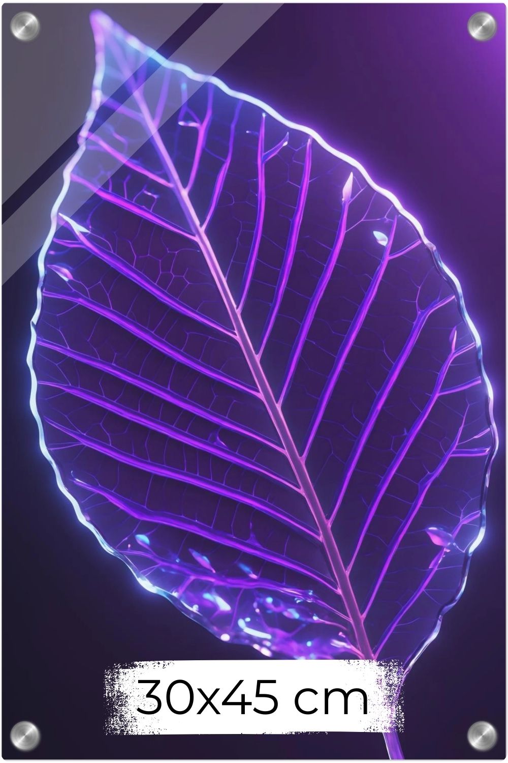Detailliertes Wandbild eines transparenten Blattes in Glas-Optik mit violett und blau leuchtenden Adern vor einem dunklen Hintergrund. Acryl 30x45 cm