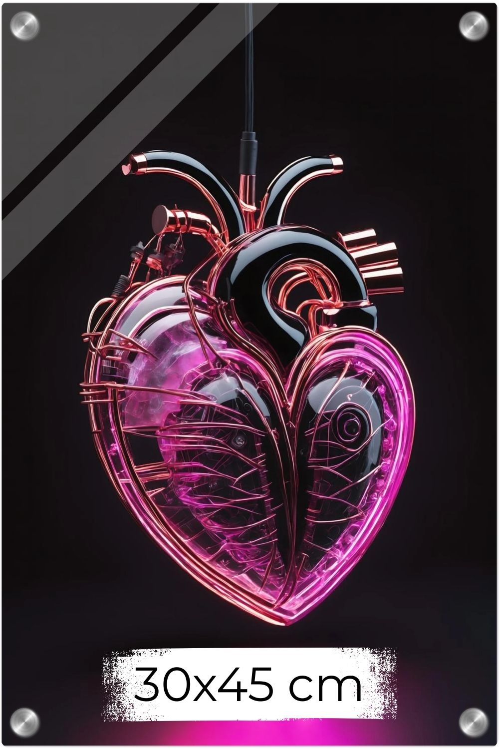 Digitales Kunstwerk eines anatomischen Herzens mit leuchtend pinken Neon-Strukturen und glänzenden schwarzen Oberflächen auf dunklem Grund. Acryl 30x45 cm