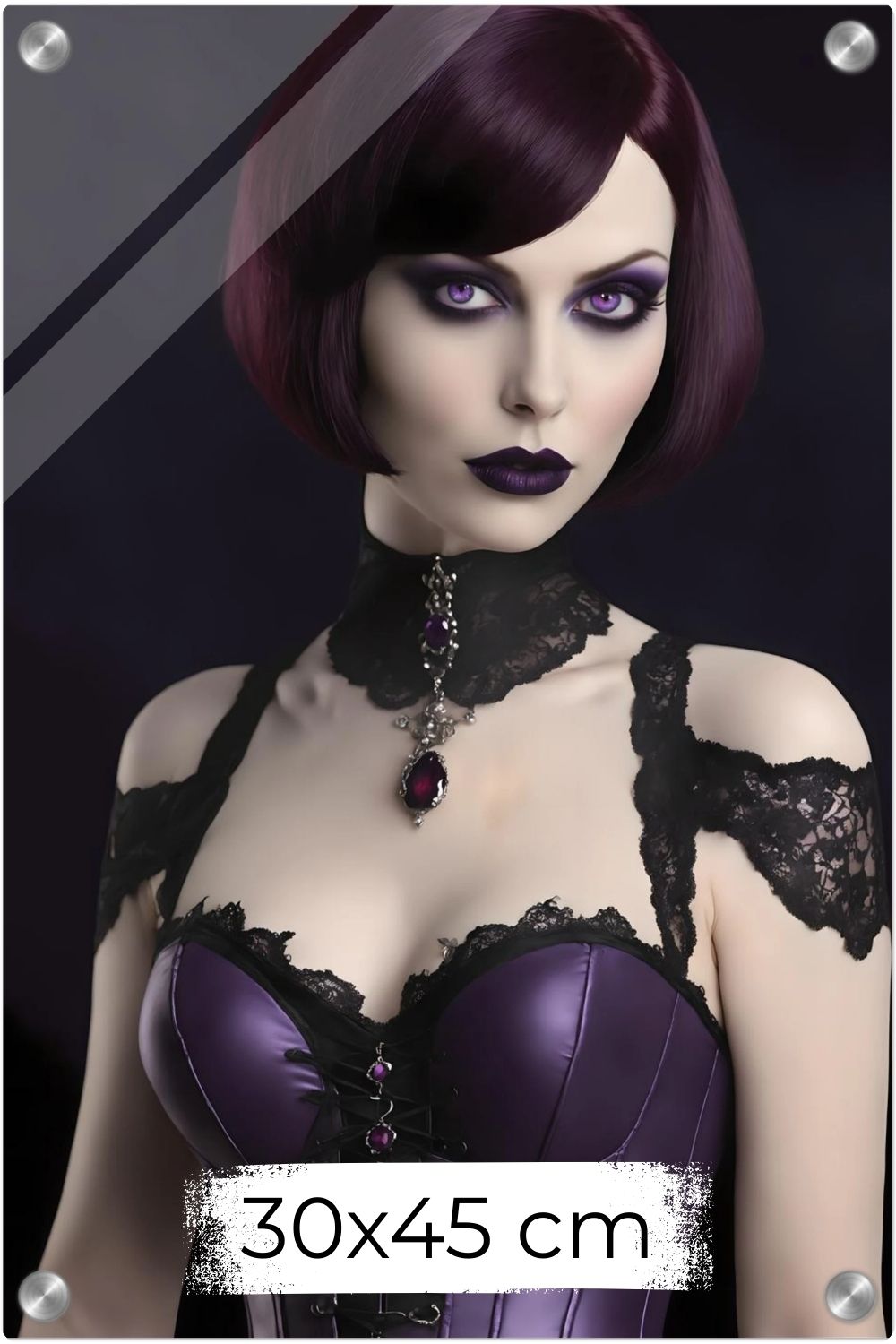 Edles Porträt einer Frau im Gothic-Stil mit violetten Augen, lila Satin-Korsett und schwarzer Spitze vor dunklem Hintergrund. Acryl 30x45 cm