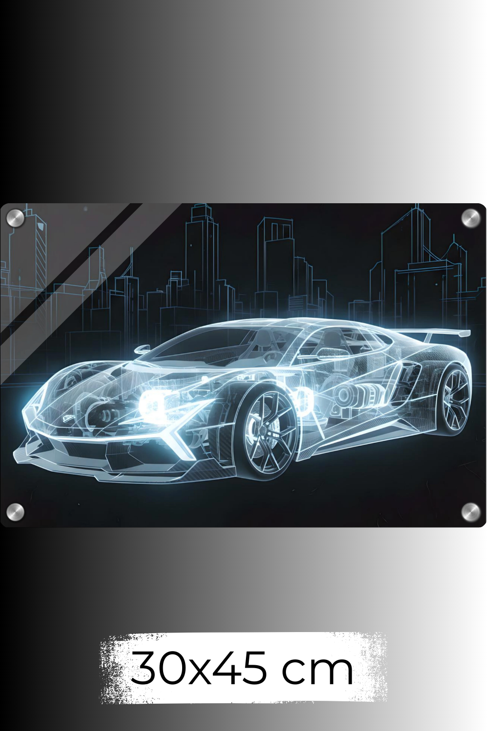 Futuristisches Wandbild eines transparenten, blau leuchtenden Supersportwagens in Blueprint-Optik vor einer skizzierten Stadt-Skyline. Acryl 30x45 cm
