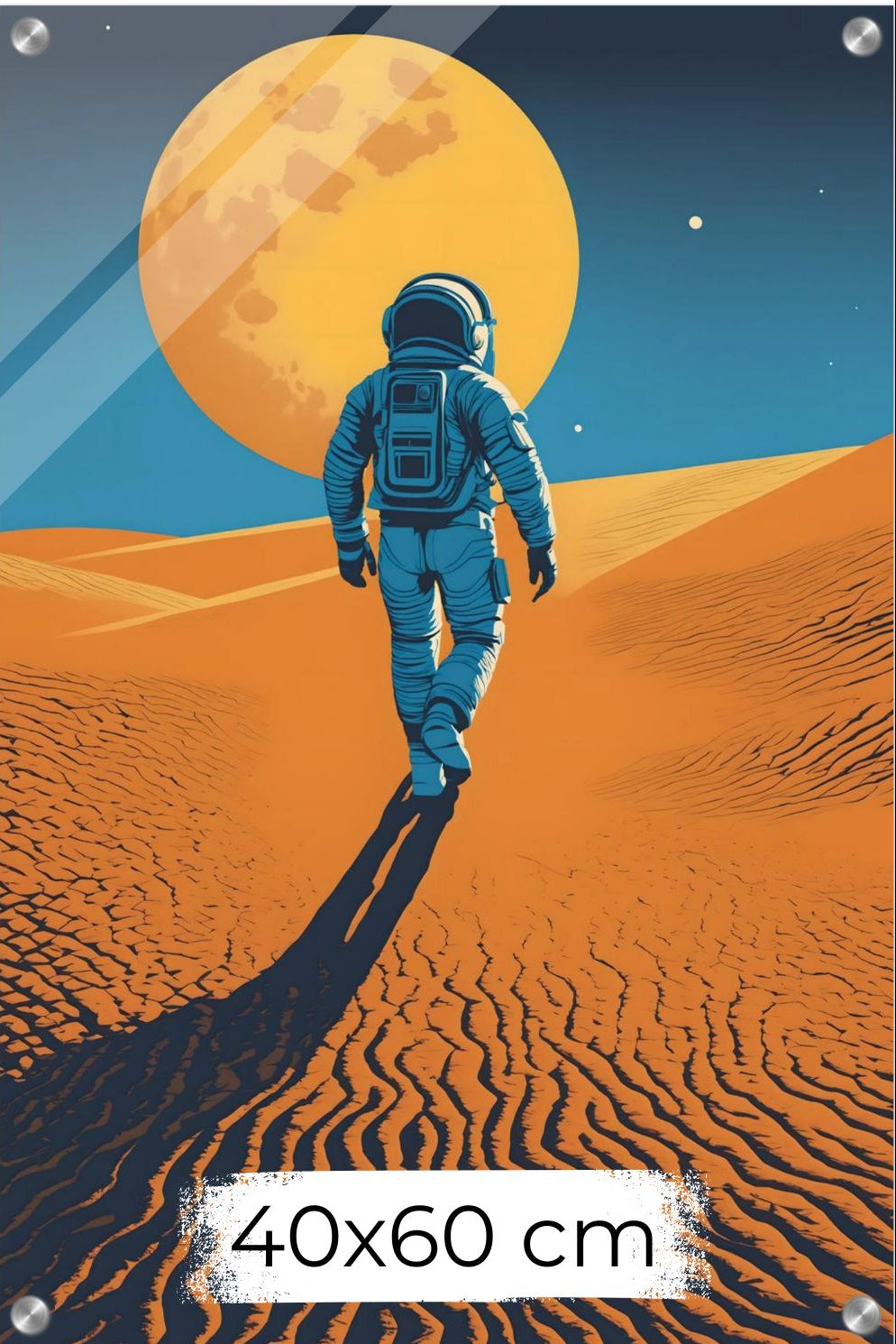Minimalistisches Wandbild eines Astronauten, der in einer Wüste auf einen riesigen orangefarbenen Planeten zugeht. Acryl 40x60 cm