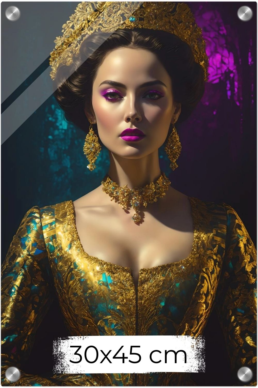 Digitales Porträt einer barocken Königin in Gold und Türkis mit deutlich sichtbaren, künstlerischen Glitch-Effekten und Pixelfehlern. Acryl 30x45 cm