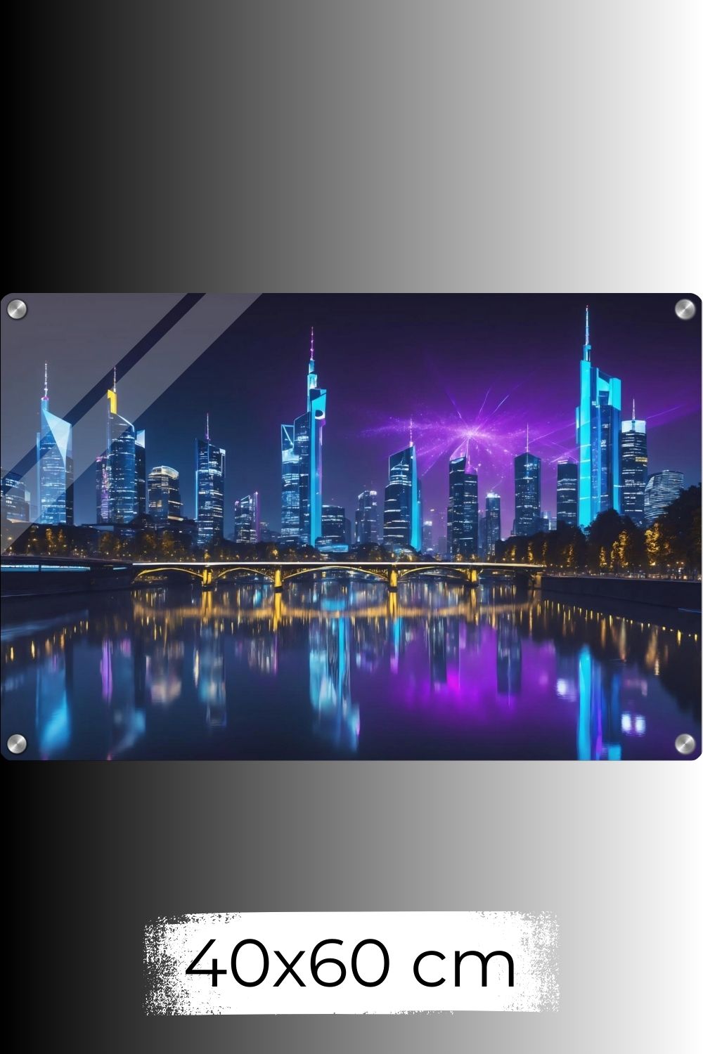 Futuristisches Wandbild der Frankfurter Skyline bei Nacht mit neonblauen Hochhäusern und violetten Lichtreflexionen auf dem Main. 40x60 cm Acryl