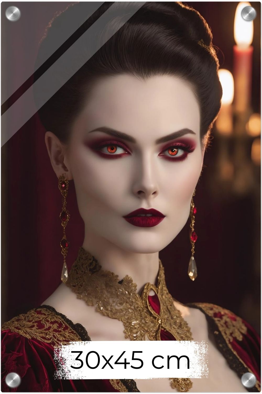 Elegantes Porträt einer Frau im aristokratischen Stil mit roten Augen, rotem Samtkleid und opulentem Goldschmuck vor einem dunklen Hintergrund. Acryl 30x45 cm