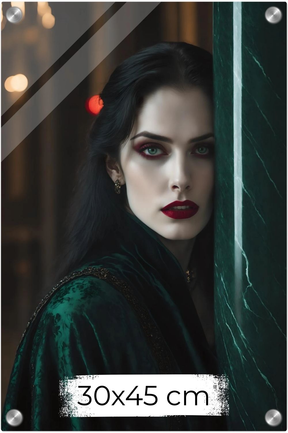 Aristokratisches Porträt einer Frau in grünem Samt an einer Marmorsäule mit roten Lippen. Acryl 30x45 cm