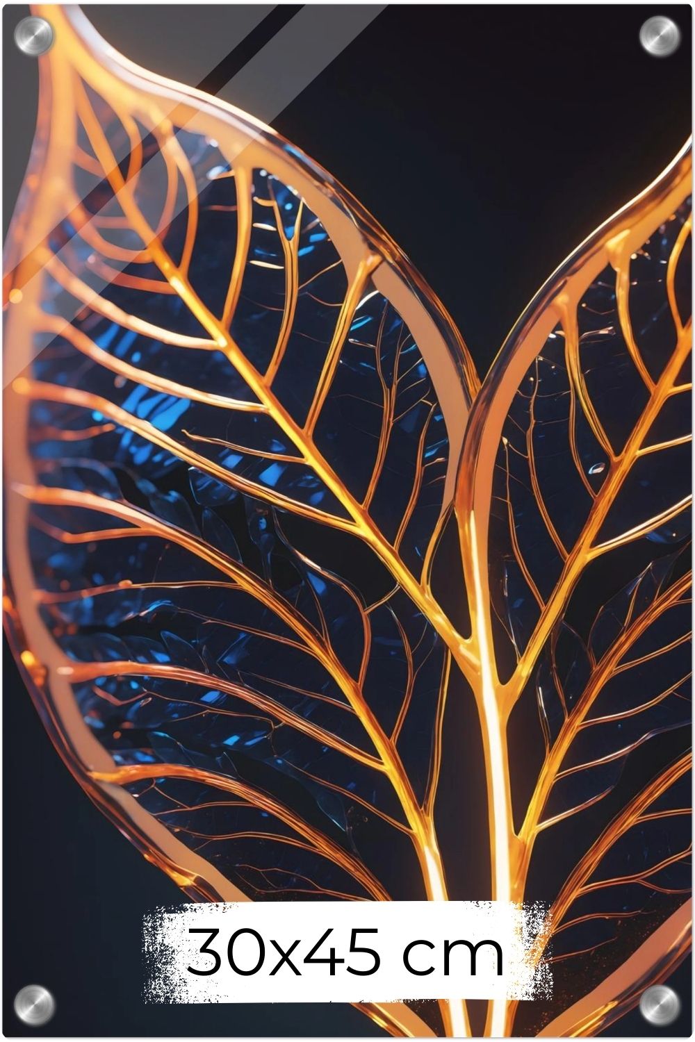 Abstraktes Wandbild mit einer großen goldenen Feder inmitten von fließenden Farbwirbeln in Smaragdgrün und Magenta. Acryl 30x45 cm