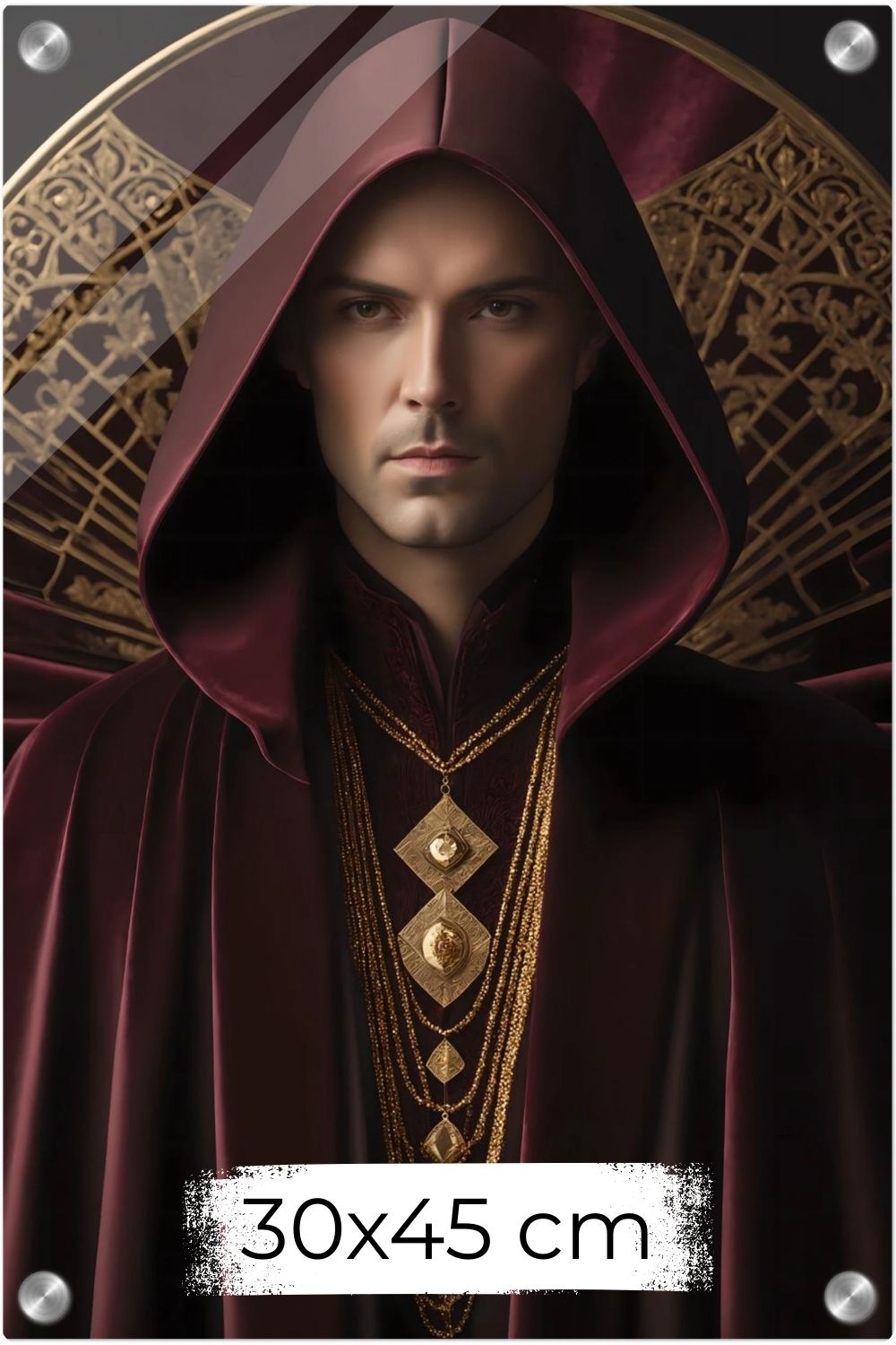 Digitales Kunstwerk einer männlichen Gestalt mit purpurner Kapuze, goldenen Ketten und kunstvollem Hintergrund. Acryl 30x45 cm