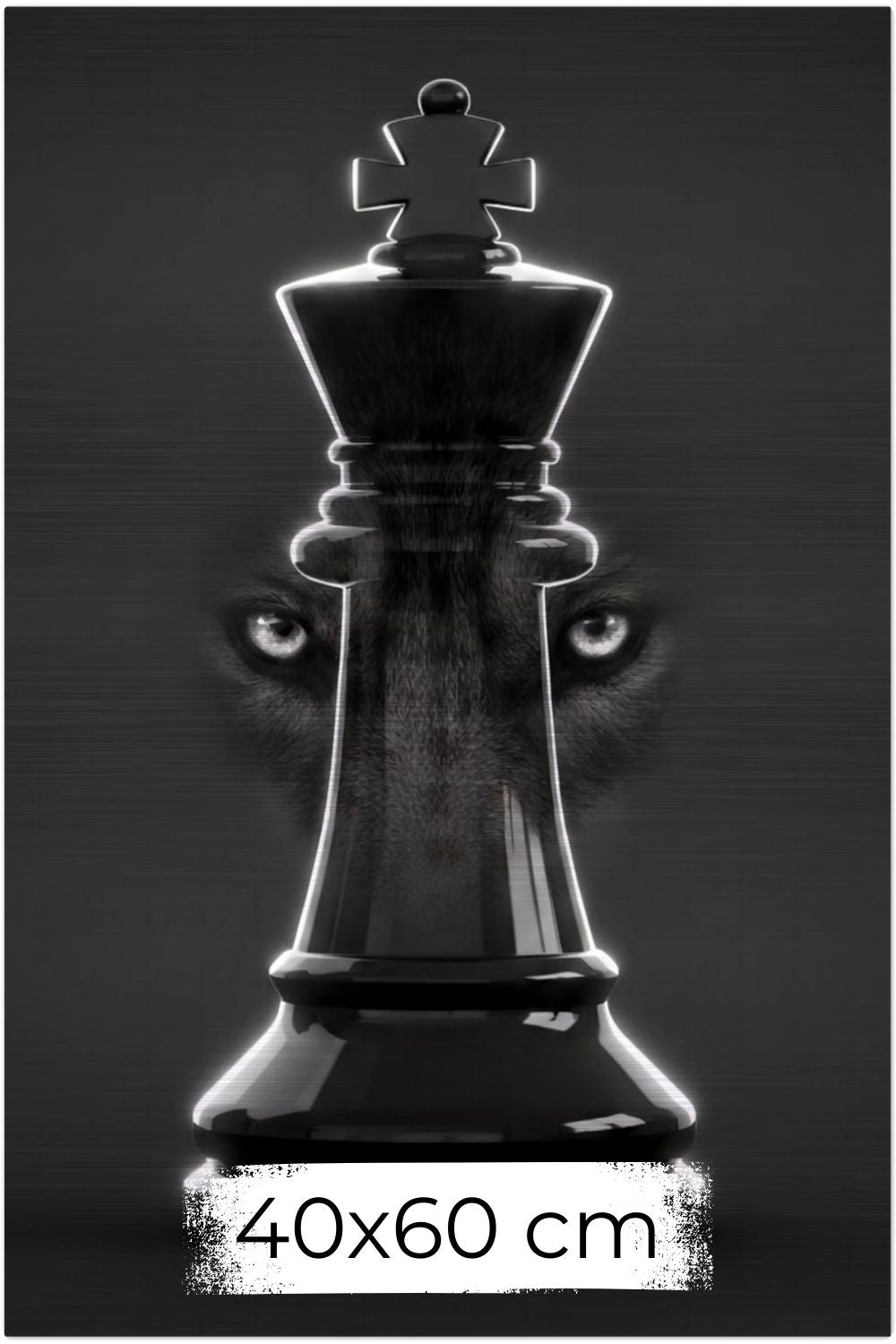 Setzen Sie ein Zeichen für Führung & Strategie. "Alpha Strategy" vereint die Eleganz des Schachs mit der Kraft des Wolfes. Brushed 40x60 cm