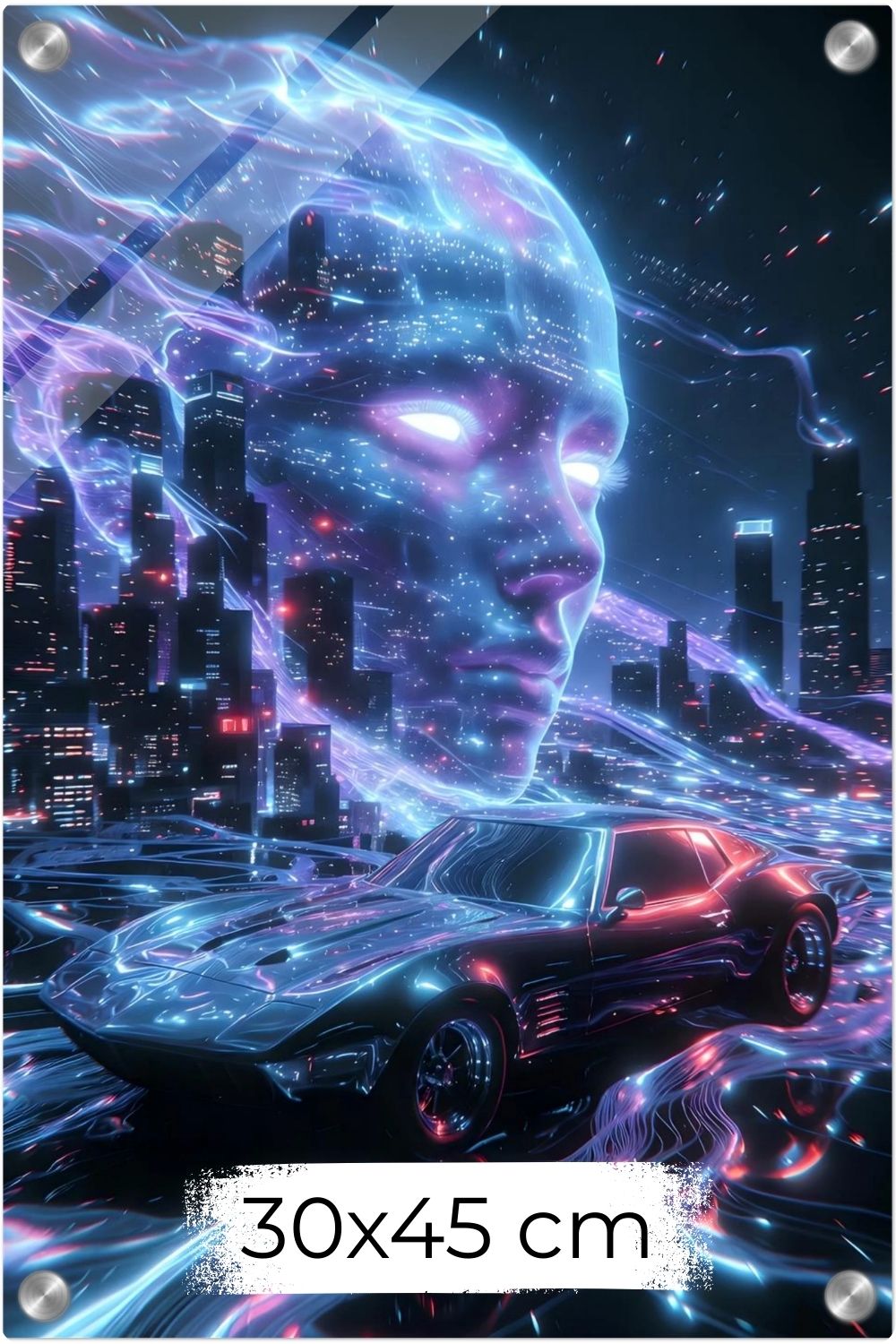 Cyberpunk-Wandbild mit einem Sportwagen auf leuchtenden Datenbahnen vor einer Skyline und dem digitalen Gesicht einer künstlichen Intelligenz. Acryl 30x45 cm