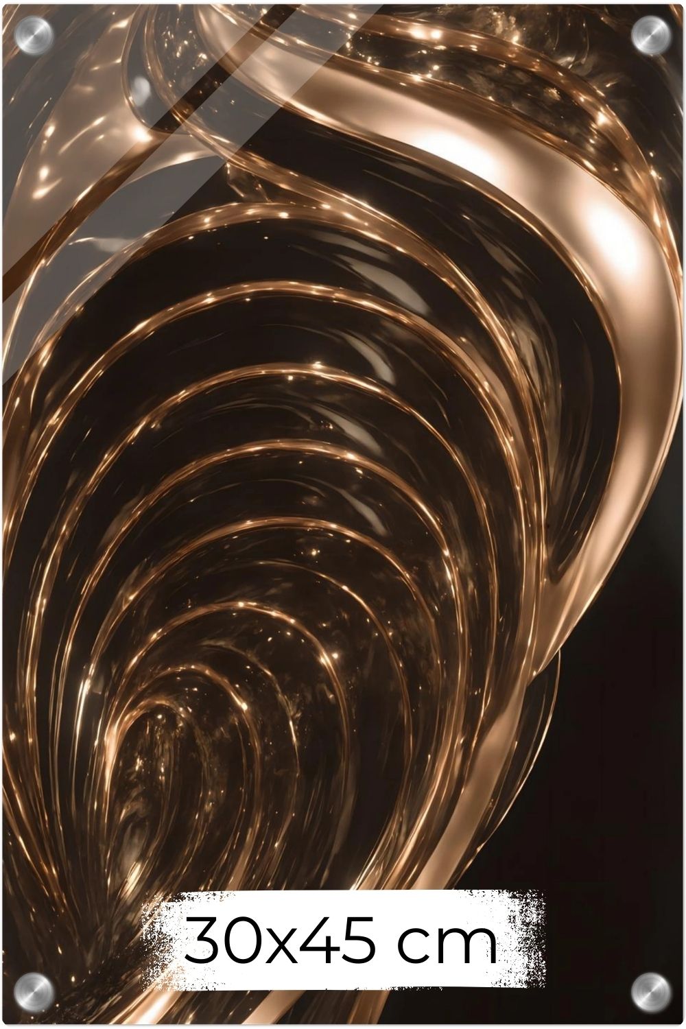 Abstraktes Wandbild mit fließenden, hochglänzenden Wellen aus flüssigem Gold vor einem tiefschwarzen Hintergrund. Acryl 30x45 cm