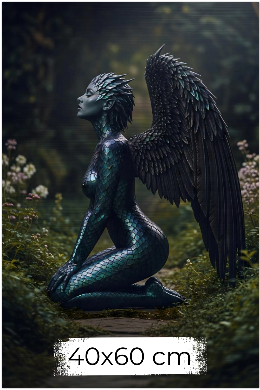 Detailreiches Porträt einer Frau, deren Haut an Wangen und Hals in grüne und goldene Drachenschuppen übergeht. Brushed 40x60 cm