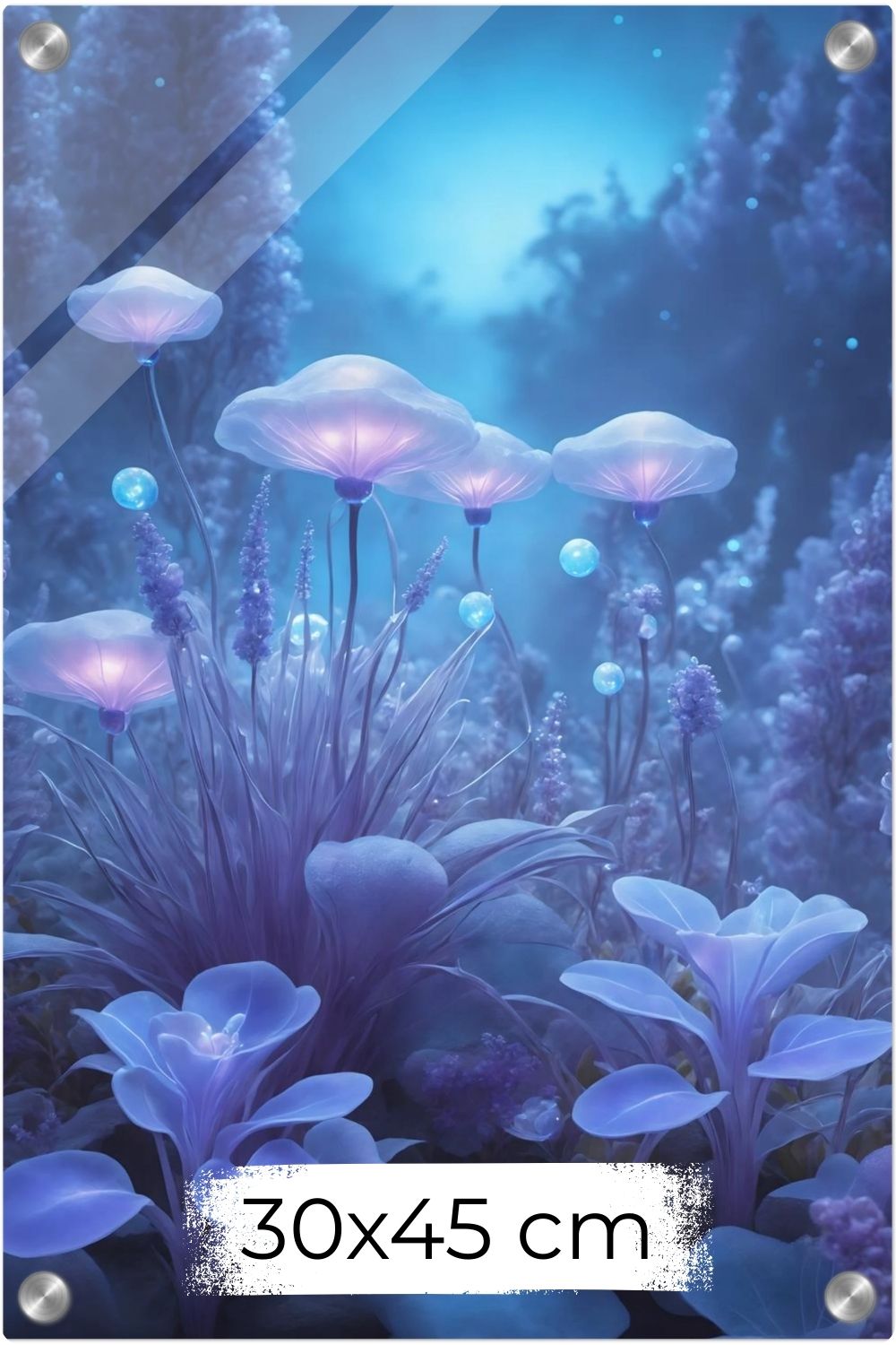 Digitales Kunstwerk einer fantastischen Waldlandschaft mit biolumineszenten, blau leuchtenden Pilzen und Blumen in sanftem Licht. Acryl 30x45 cm