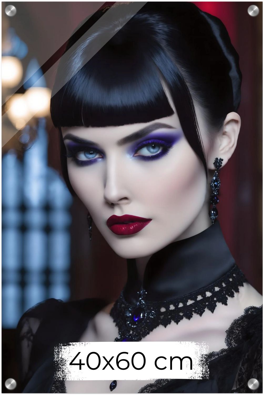 Nahaufnahme einer Frau mit kurzem Pony, lila Lidschatten, roten Lippen und schwarzem Schmuck mit blauen Edelsteinen. Acryl 40x60 cm