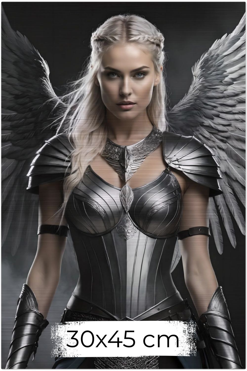 Cineastisches Fantasy-Wandbild einer majestätischen Walküre in glänzender Silberrüstung mit großen, detaillierten Metallflügeln vor dunklem Hintergrund. Brushed 30x45 cm