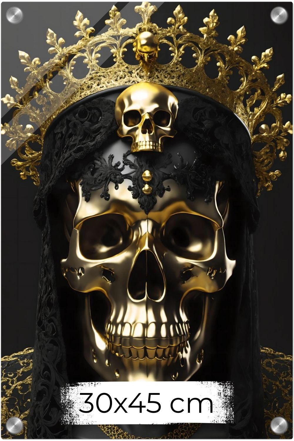 Modernes Wandbild eines golden glänzenden Schädels mit einer großen, filigranen Goldkrone vor dunklem Hintergrund. Acryl 30x45 cm