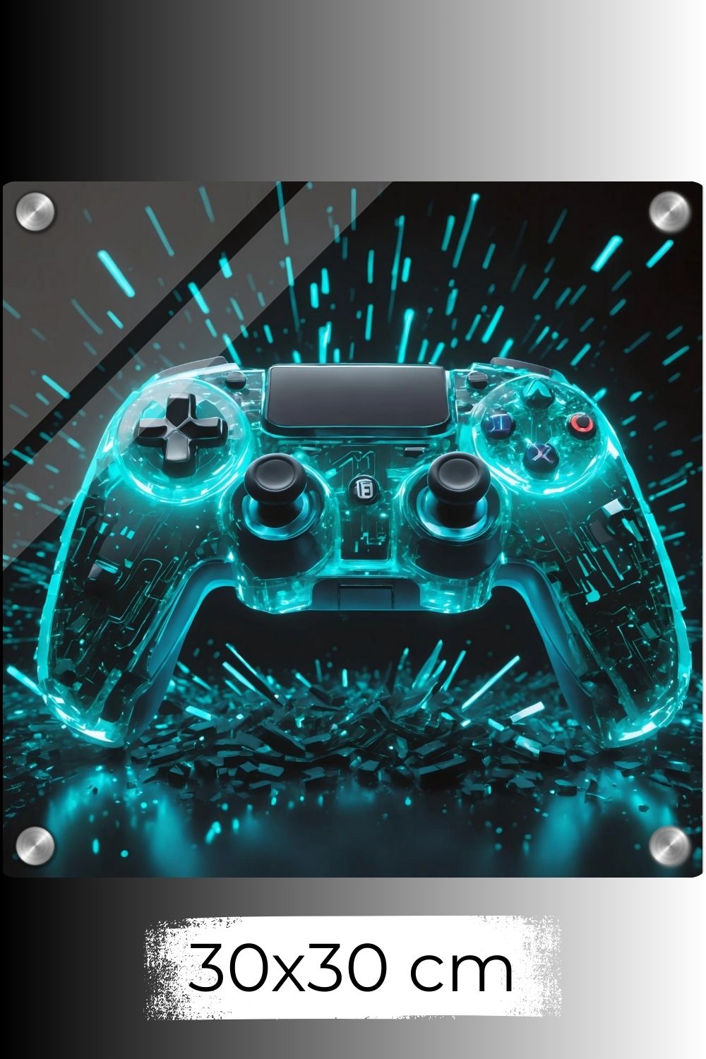 Futuristisches Wandbild eines transparenten Gaming-Controllers, der von innen heraus in hellem Cyan-Blau leuchtet, vor einem dunklen Hintergrund mit Lichteffekten. Acryl 30x30 cm
