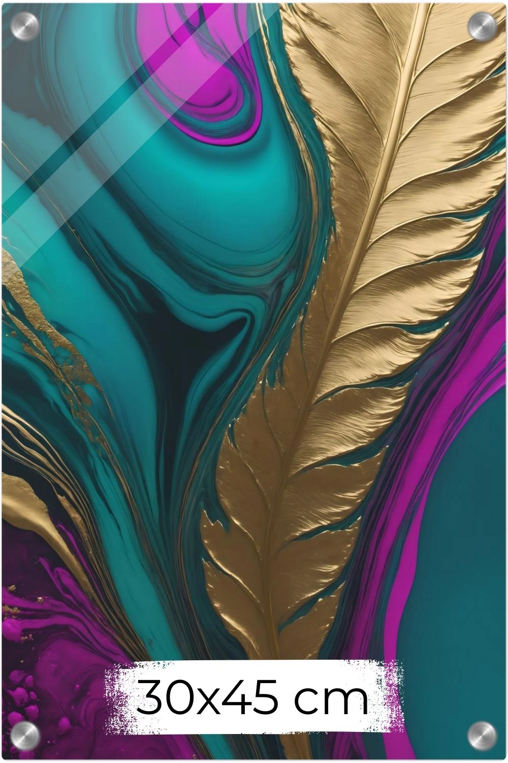 Abstraktes Wandbild mit einer großen goldenen Feder vor einem Hintergrund aus flüssigen Farbverläufen in Türkis, Blau und Magenta. Acryl 30x45 cm