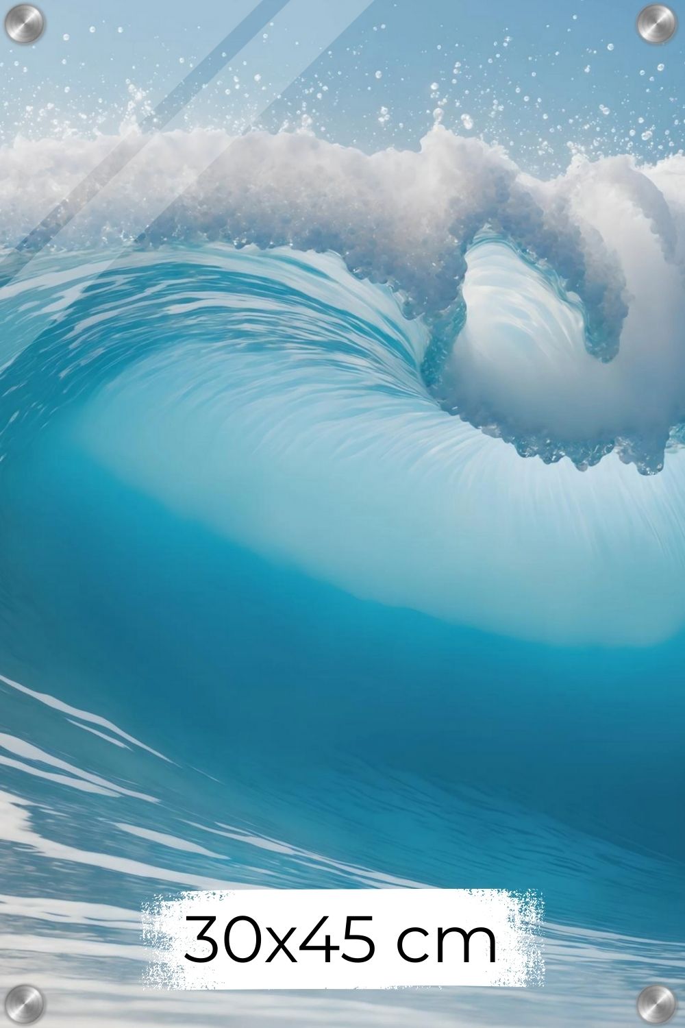 Hochwertiges Wandbild einer großen, brechenden Meereswelle in hellem Türkis mit weißer Gischt unter klarem Himmel. Acryl 30x45 cm