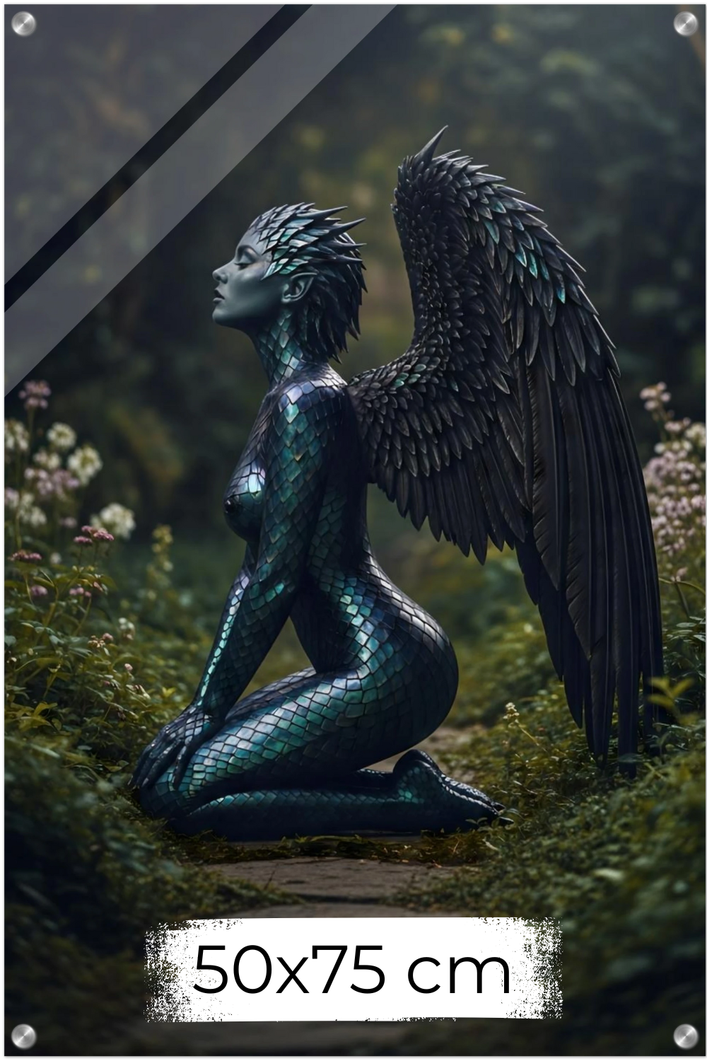 Detailreiches Porträt einer Frau, deren Haut an Wangen und Hals in grüne und goldene Drachenschuppen übergeht. Acryl 50x75 cm