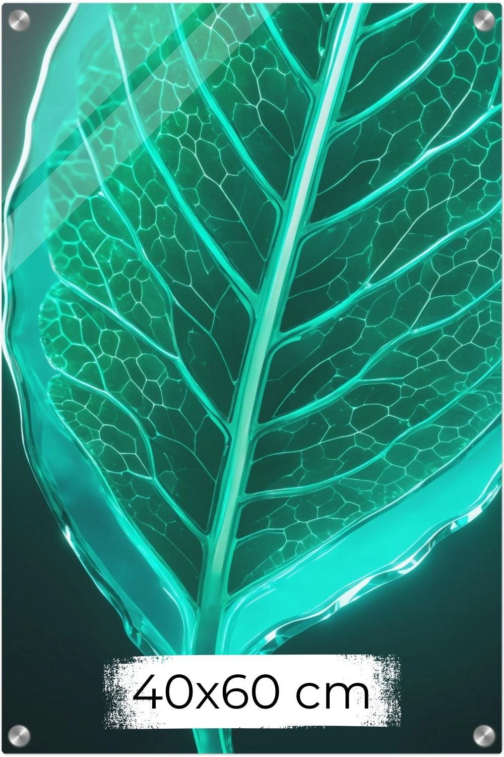 Bringen Sie Natur zum Leuchten! „Luminous Emerald Leaf“ zeigt ein gläsernes Blatt in brillantem Smaragdgrün. Perfekt als modernes Statement für Ihr Zuhause. Acryl 40x60 cm