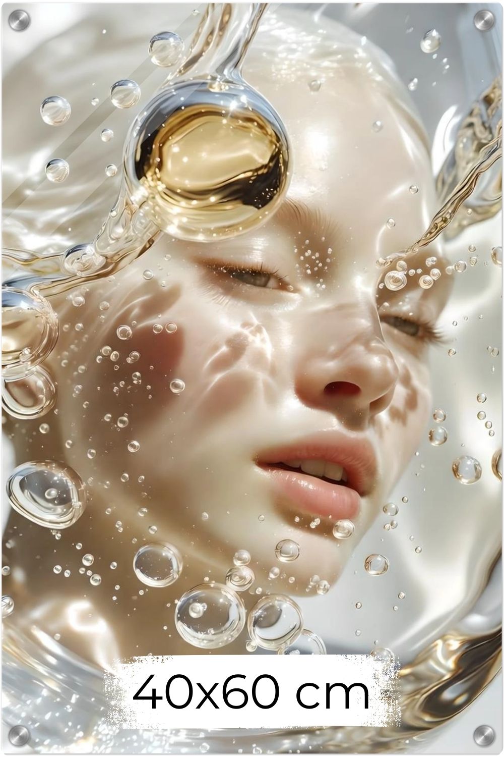 Surreales Porträt einer Frau hinter klarem Wasser mit vielen aufsteigenden Luftblasen, Wassertropfen und hellen Lichtreflexen. Acryl 40x60 cm