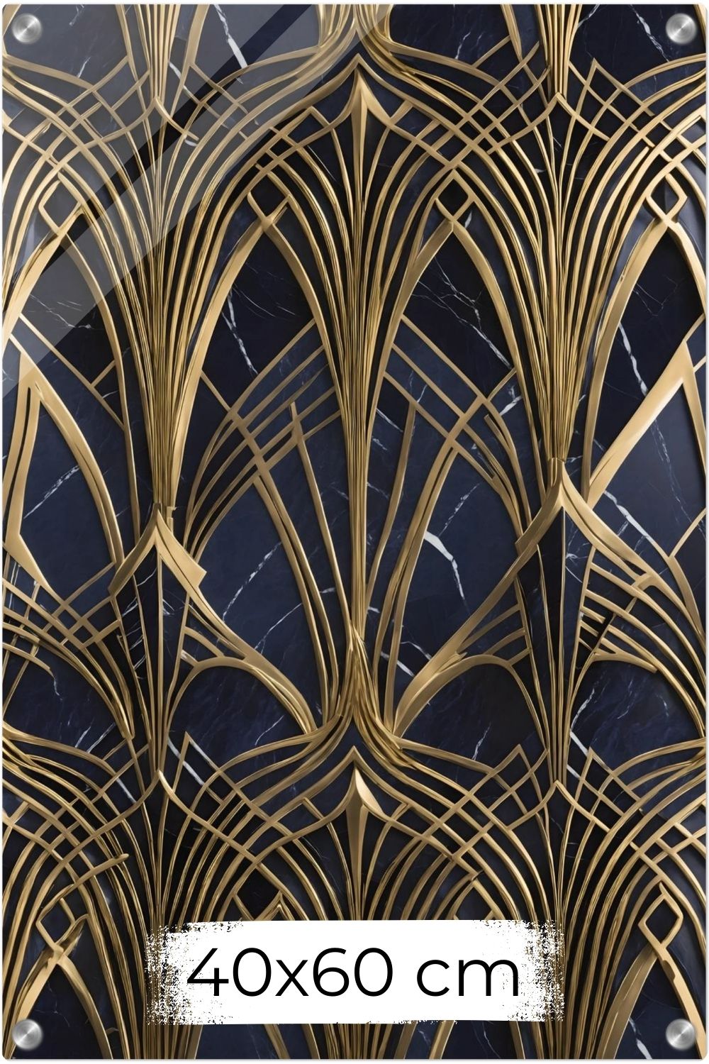 Modernes Wandbild mit goldenen, symmetrischen Art-Déco-Bögen auf einem dunkelblauen, marmorierten Hintergrund. Acryl 40x60 cm