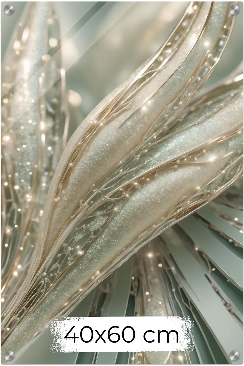 Abstraktes Kunstwerk mit organischen, cremefarbenen Strukturen, glitzernden Kristalldetails und weißen Perlen. Acryl 40x60 cm