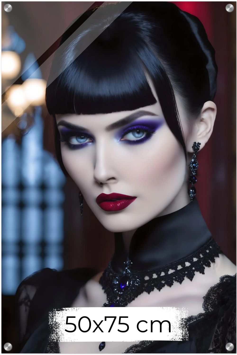 Nahaufnahme einer Frau mit kurzem Pony, lila Lidschatten, roten Lippen und schwarzem Schmuck mit blauen Edelsteinen. Acryl 50x75 cm