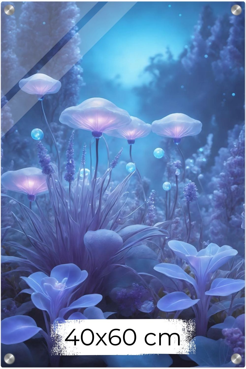 Digitales Kunstwerk einer fantastischen Waldlandschaft mit biolumineszenten, blau leuchtenden Pilzen und Blumen in sanftem Licht. Acryl 40x60 cm