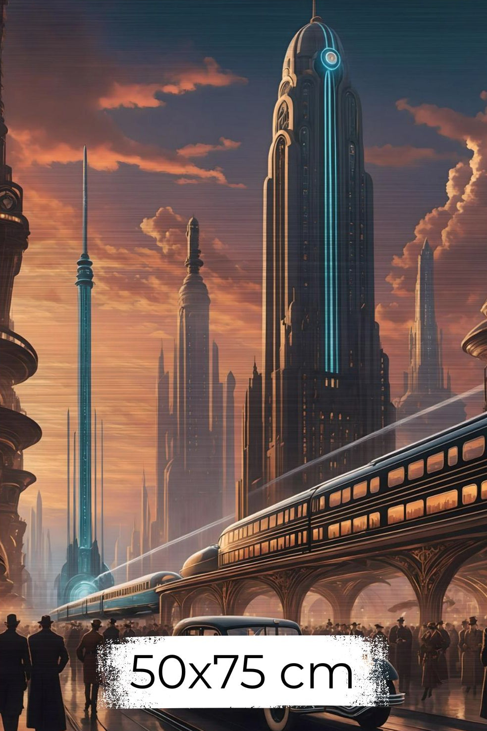 Cineastische Szene einer futuristischen Stadt im Art-Déco-Stil mit einem schwarzen Oldtimer, einem modernen Schnellzug und einer Skyline im goldenen Sonnenuntergang Brushed 50x75 cm