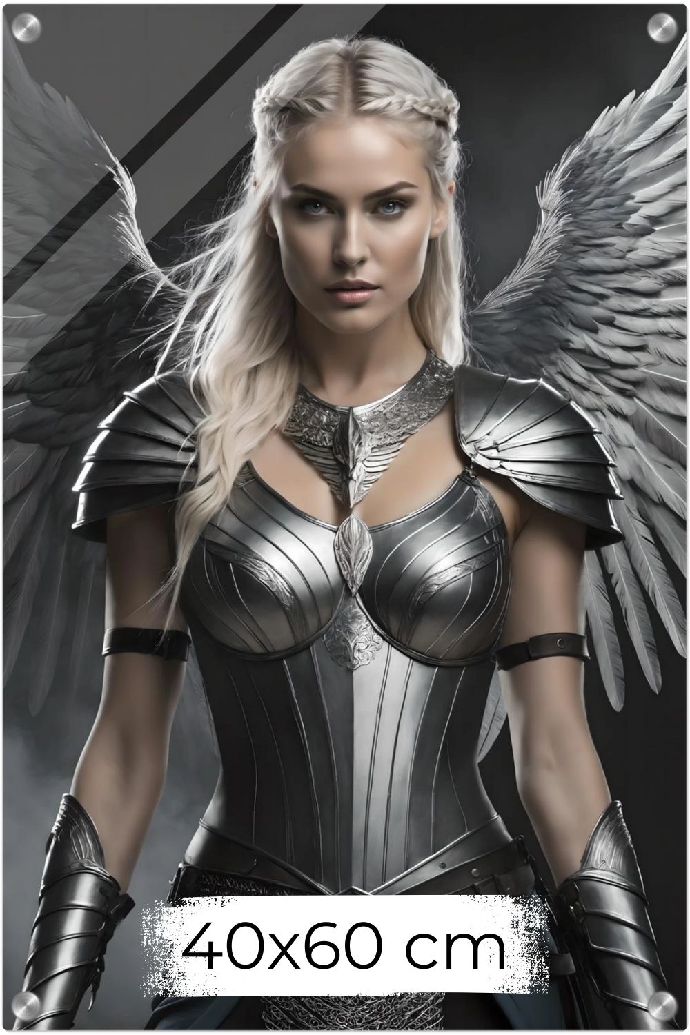 Cineastisches Fantasy-Wandbild einer majestätischen Walküre in glänzender Silberrüstung mit großen, detaillierten Metallflügeln vor dunklem Hintergrund. Acryl 40x60 cm
