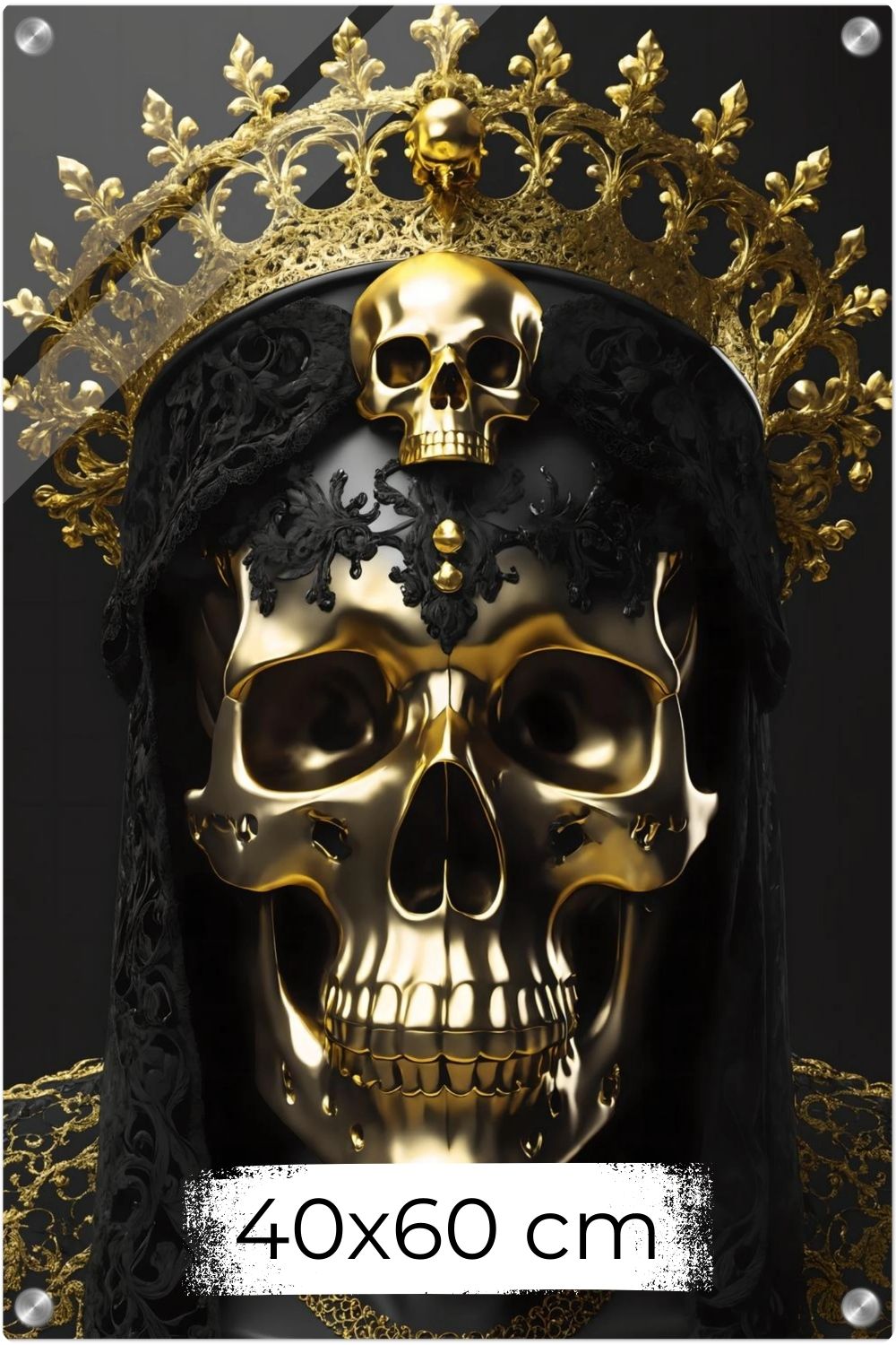 Modernes Wandbild eines golden glänzenden Schädels mit einer großen, filigranen Goldkrone vor dunklem Hintergrund. Acryl 40x60 cm
