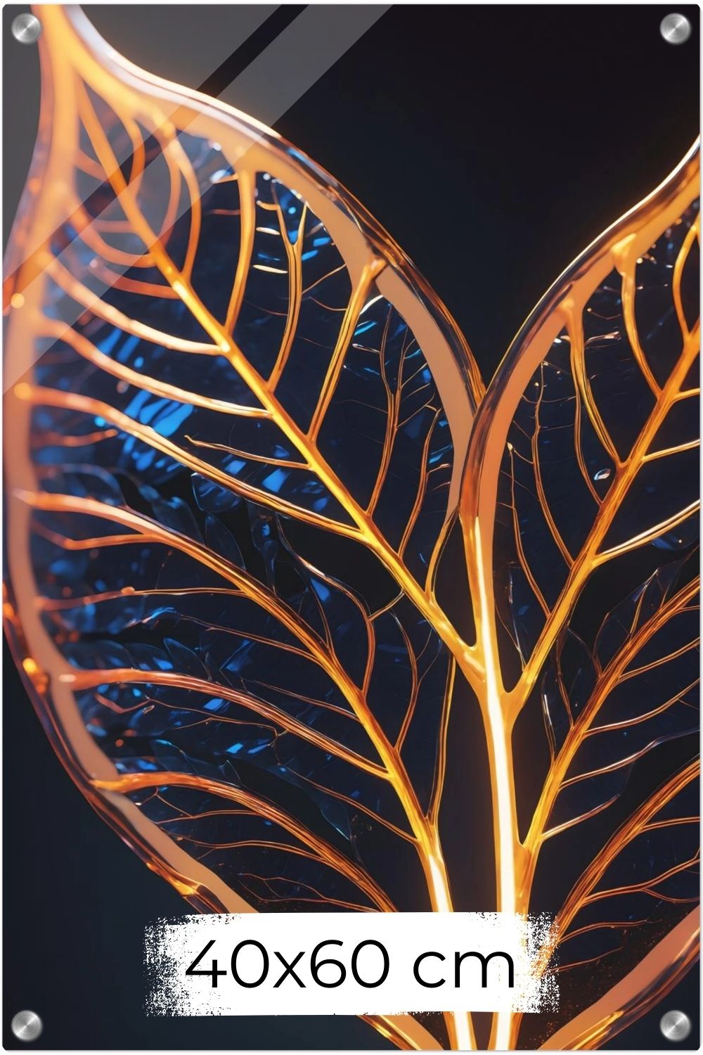 Abstraktes Wandbild mit einer großen goldenen Feder inmitten von fließenden Farbwirbeln in Smaragdgrün und Magenta. Acryl 40x60 cm