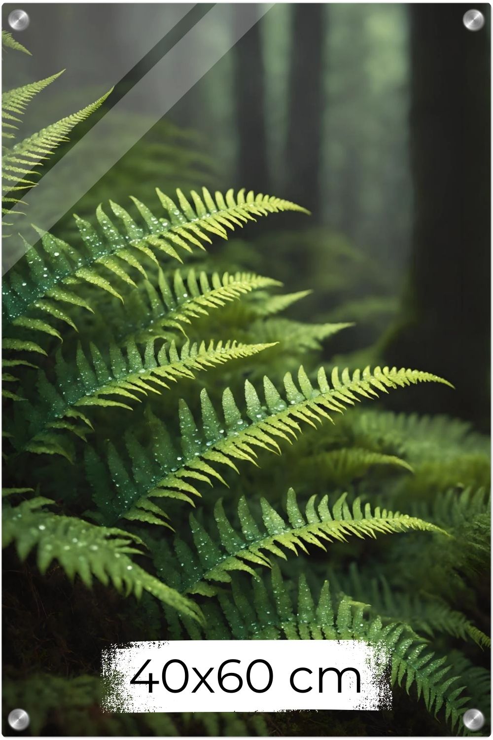Nahaufnahme von grünen Farnwedeln mit Tautropfen in einem dichten, nebligen Wald mit weichem Hintergrund. Acryl 40x60 cm