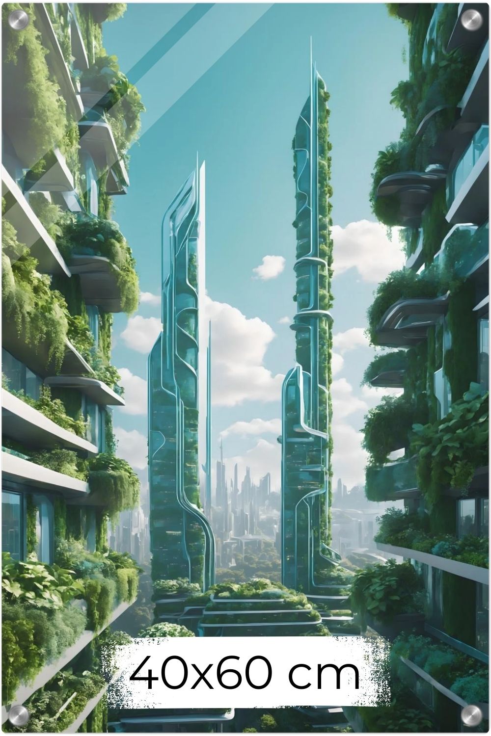Die Stadt der Zukunft: „Urban Utopia“ vereint moderne Architektur mit üppiger Natur. Ein visionäres Wandbild für Ihr Zuhause. Jetzt bei Gudekind bestellen. Acryl 40x60 cm
