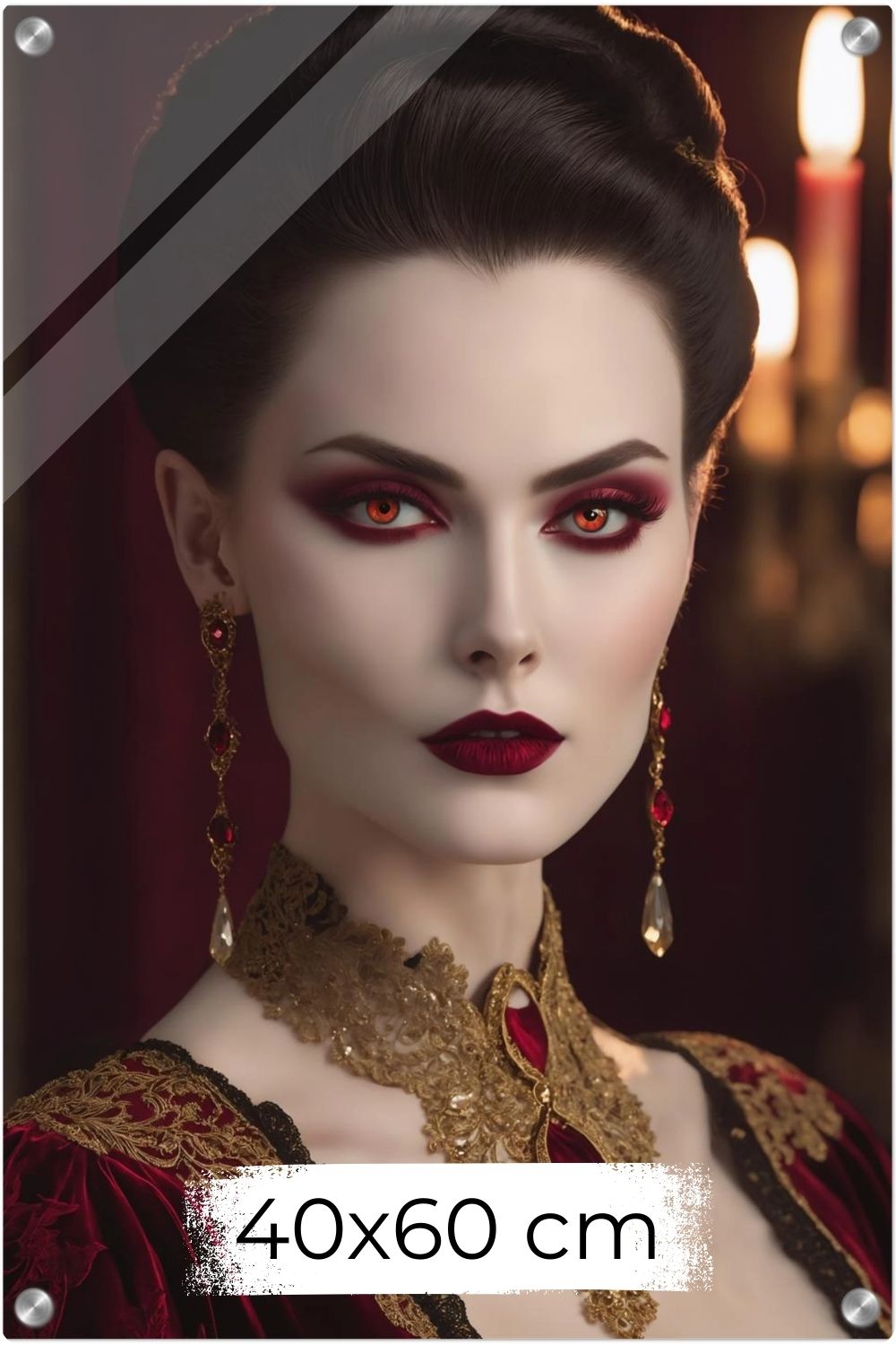 Elegantes Porträt einer Frau im aristokratischen Stil mit roten Augen, rotem Samtkleid und opulentem Goldschmuck vor einem dunklen Hintergrund. Acryl 40x60 cm