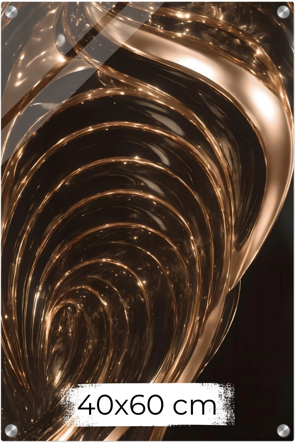 Abstraktes Wandbild mit fließenden, hochglänzenden Wellen aus flüssigem Gold vor einem tiefschwarzen Hintergrund. Acryl 40x60 cm